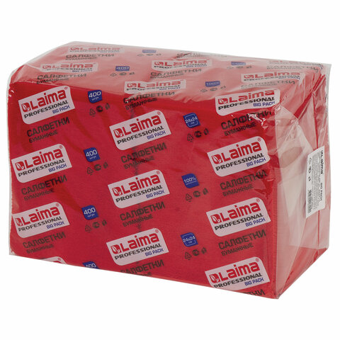 Салфетки бумажные 400шт. 24х24см, LAIMA, "Big Pack", красные (интенсив), 100% целлюлоза