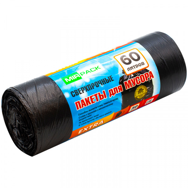 Мешки д/мусора 60л "EXTRA" в рулоне 30шт., ПНД 12 мкм, 60х70 см, черные, ш/к 01515