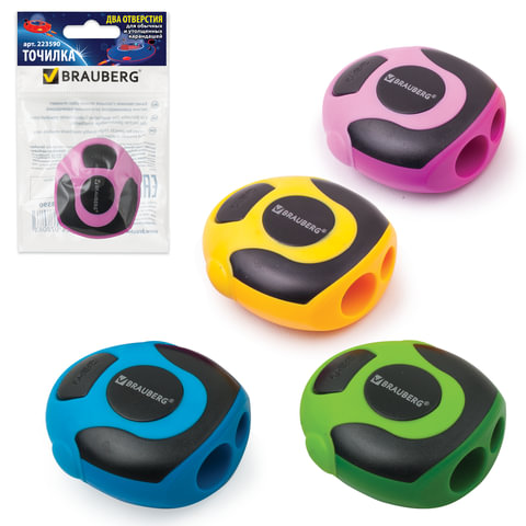 Точилка BRAUBERG "Zero", эллиптическая, 2 отверстия, резиновый упор, уп.с подвес, ассорти, 223590