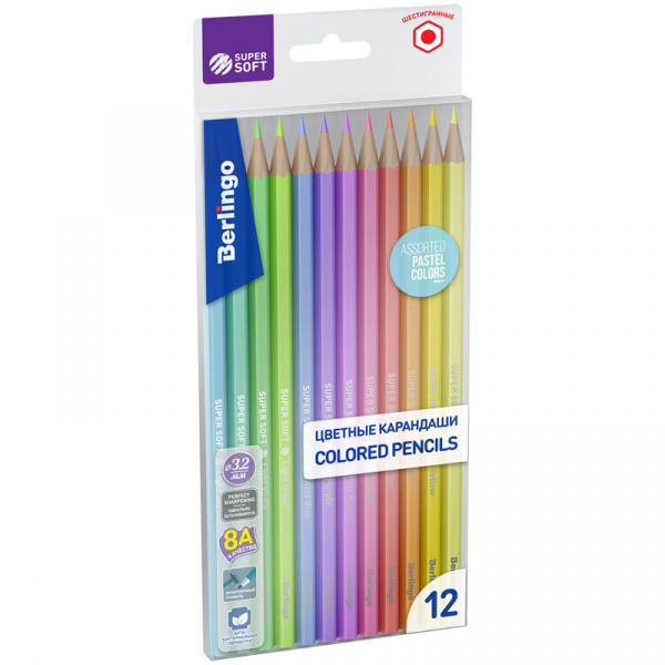 Карандаши цветные пастельные Berlingo "SuperSoft. Pastel", 12цв, заточен., европодвес SSP0112