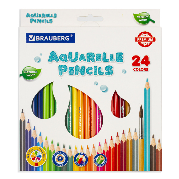 Карандаши цветные акварельные BRAUBERG PREMIUM AQUARELLE, 24 цвета, грифель мягкий 4 мм, 181673 Карандаши цветные акварельные BRAUBERG PREMIUM AQUARELLE, 24 цвета, грифель мягкий 4 мм, 181673