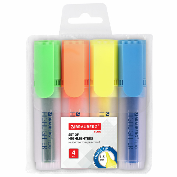 Текстмаркеры BRAUBERG, НАБОР 4шт., "FLUO", скошенный наконечник 1-5мм, (лим, гол, зел, оранж),150403
