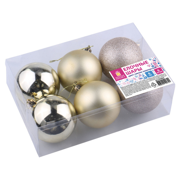 Шары елочные ЗОЛОТАЯ СКАЗКА, набор 6 шт., пластик, 6 см, светлое золото (глянец, матовый, глиттер),