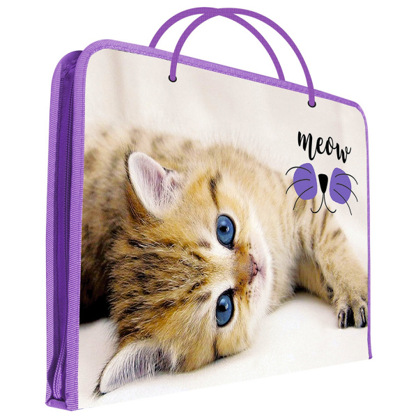 Папка для труда ПИФАГОР с ручками, А4, пластик, молния вокруг, откидная планка, "Kitten", 229135