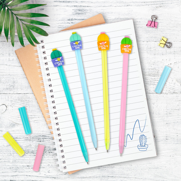 Ручка с топпером шариковая ЮНЛАНДИЯ "Кактус", корпус ассорти, СИНЯЯ, узел 0,7мм, 143800