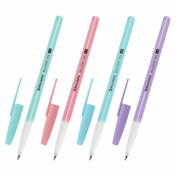 Ручка шариковая BRAUBERG "Офисная" PASTEL COLOR, СИНЯЯ, корпус ассорти, пишущий узел 1 мм, линия пис