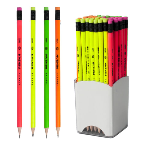 Каранд. ч/г PENSAN, НВ, неон.корпус, с резинкой, заточ, 4цв.ассорти, 16500