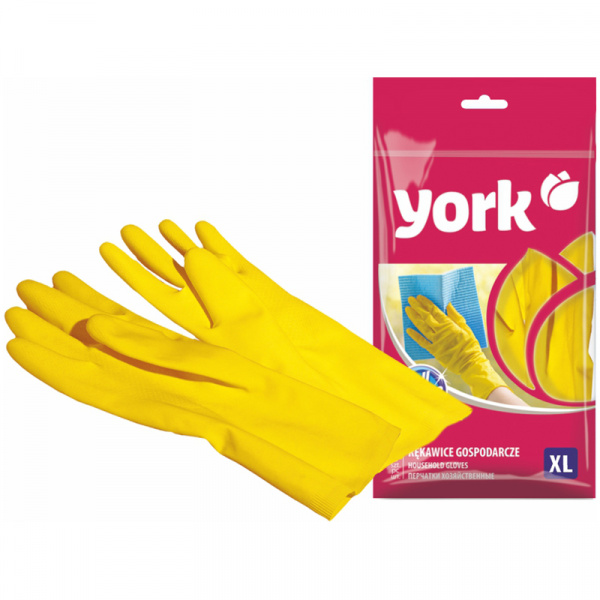 Перчатки резиновые York, суперплотные, с х/б напылением, р. XL, желтые, пакет с европодвесом 92060