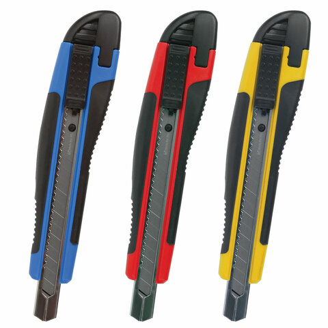 Нож канцелярский 9 мм BRAUBERG "Universal", автофиксатор, цвет ассорти, резиновые вставки, блистер, 