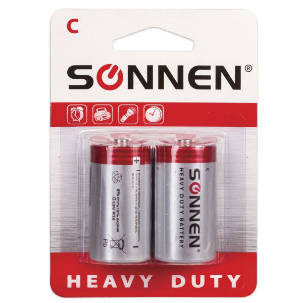 Батарейки SONNEN, C (R14), КОМПЛЕКТ 2шт., солевые, в блистере, 1.5В, 451099 
