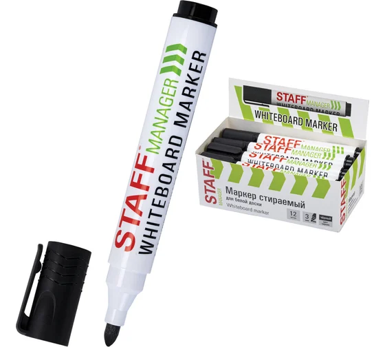 Маркер стираемый для белой доски ЧЕРНЫЙ, STAFF "BASIC" WBM-200, 1-3 мм, 152638