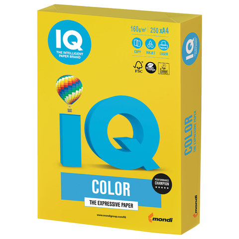 Бумага IQ (АйКью) color, А4, 160 г/м2, 250 л., интенсив ярко-желтая, IG50