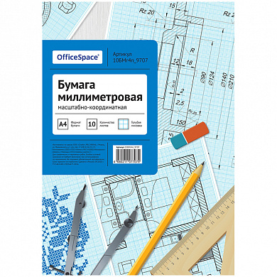 Бумага масштабно-координатная OfficeSpace, А4 10л., голубая, в папке