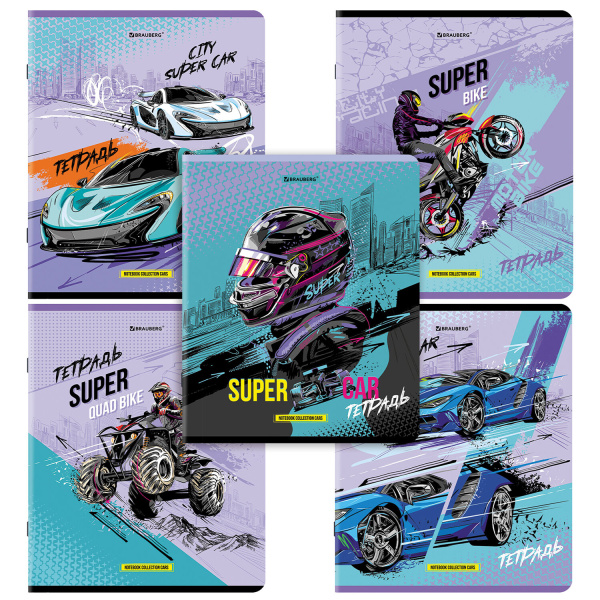 Тетрадь 48л. клетка BRAUBERG скоба, глянцевый лак, Race (микс в спайке)