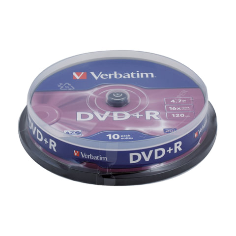 Диски DVD+R(плюс) VERBATIM 4,7Gb 16x 10шт. Cake Box 43498 (ш/к-4986)