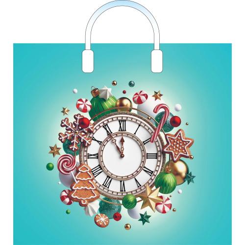 Пакет ПЭ с пластмассовыми ручками 38х34+3 (90)  НГ (Пять минут),глянцевый ПЛР57045