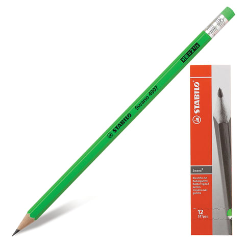 Карандаш ч/гр STABILO, 1 шт., "Swano", HB, корпус неон.зеленый, с ластиком, заточ., 4907/010HB