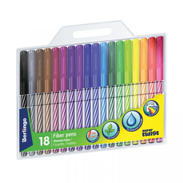 Фломастеры Berlingo "SuperTwist", 18цв., смываемые, рисунок на корпусе, блистер WP_03018