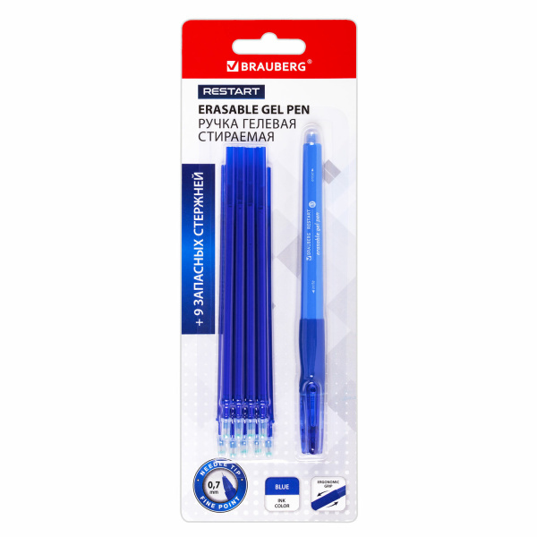Ручка стираемая гелевая с эргономичным грипом + 9 стержней, BRAUBERG "RESTART", СИНЯЯ, узел 0,7 мм