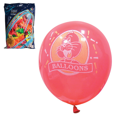 Шар воздушный 10"(25см) 12 неоновых цветов, 8 рисунков, набор 100шт. в пакете, 1103-0006