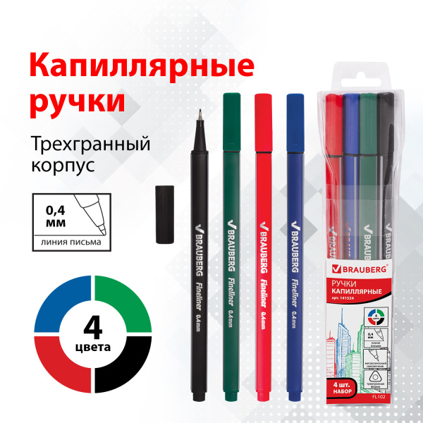 Ручки капиллярные BRAUBERG, НАБОР 4 шт., АССОРТИ, "Aero", трехгранные, металлический наконечник, лин