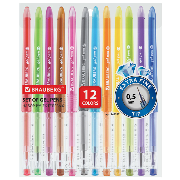 Ручки гелевые BRAUBERG DIAMOND, НАБОР 12 ЦВЕТОВ, узел 0,5 мм, линия письма 0,25 мм, 143377 