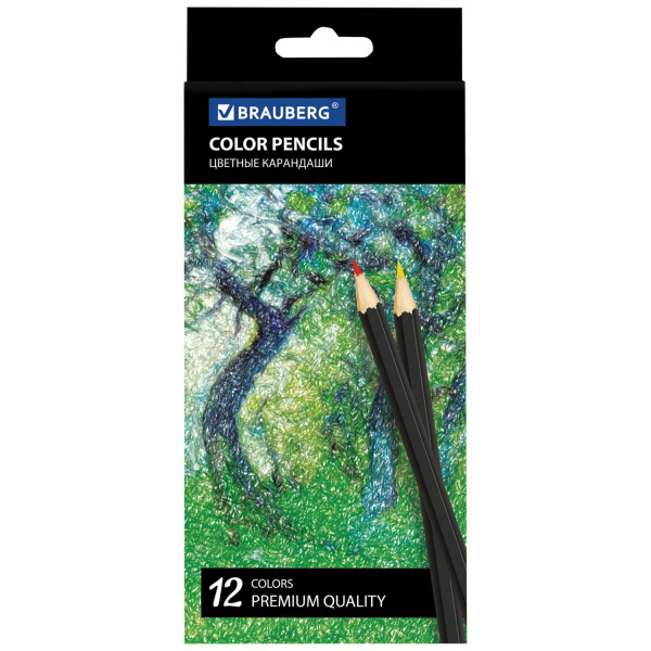 Карандаши цветные BRAUBERG 12 цв, черный корпус, заточенные, высшее качество, живопись, 180539