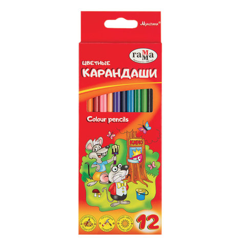 Карандаши цветные ГАММА "Мультики", 12 цв., заточенные, трехгранные, карт. упак., 05091807