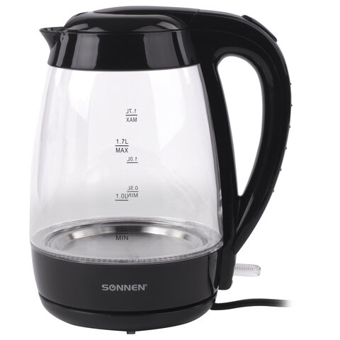 Чайник SONNEN KT-200BK, 1,7 л, 2200 Вт, закрытый нагревательный элемент, стекло, подсветка, черный, 
