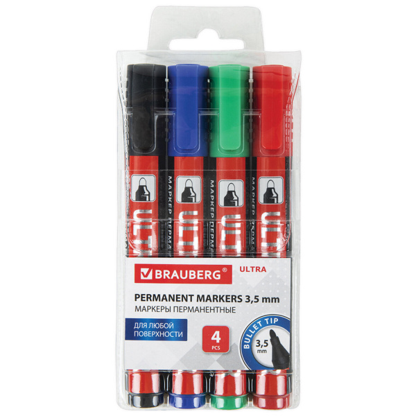 Маркеры перманентные BRAUBERG ULTRA MARKER, НАБОР 4 ЦВЕТА, круглый наконечник 3,5 мм, 152208 Маркеры перманентные BRAUBERG ULTRA MARKER, НАБОР 4 ЦВЕТА, круглый наконечник 3,5 мм, 152208