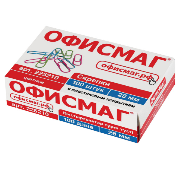 Скрепки ОФИСМАГ 28 мм цветные, 100 шт., в картонной коробке, РОССИЯ, 225210