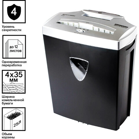 Уничтожитель (шредер) BRAUBERG S12, 3-5 человек, 4 уровень секретности, 4х35 мм, 12 листов, 25 литро