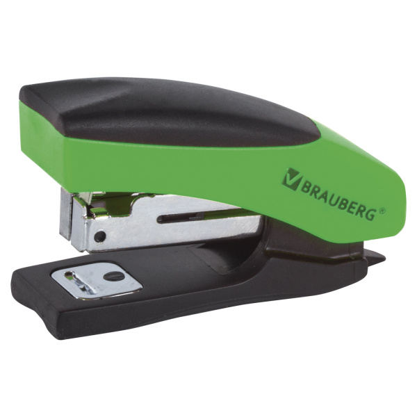 Степлер №10 МИНИ BRAUBERG "Soft", до 12 л, с резиновой накладкой и антистеплером,черно-зелен,226858