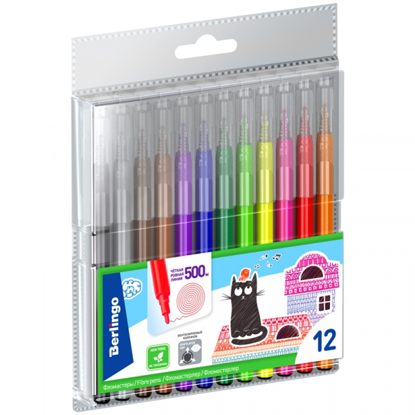 Фломастеры Berlingo "Жил-был кот", 12цв., смываемые, блистер WP00612