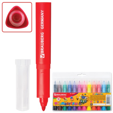 Фломастеры утолщенные BRAUBERG, 12 цветов, вентилируемый колпачок, трехгранные, пластиковая упаковка