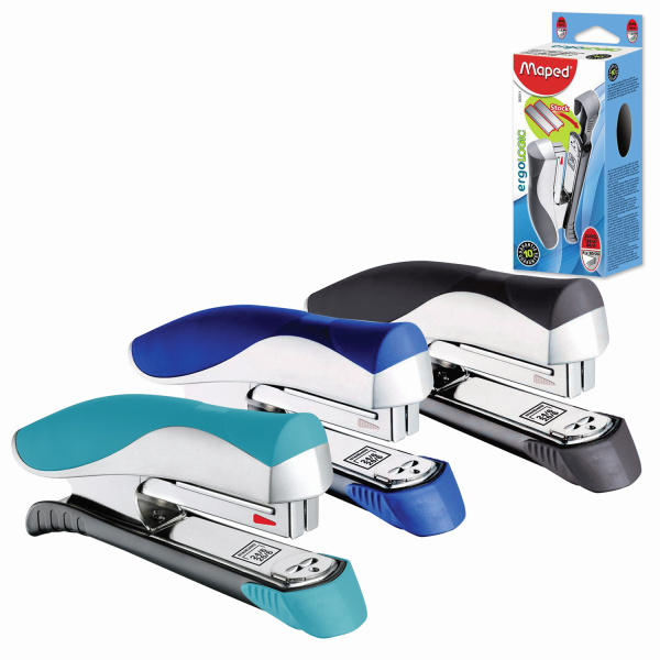 Степлер №24/6, 26/6 MAPED "Ergologic", до 25 листов, с контейнером для скоб, серебристо-бирюзовый, 3