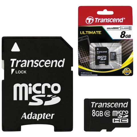 Карта памяти micro SDHC 8GB TRANSCEND скорость передачи данных 10 Мб/сек (class10) с адаптером