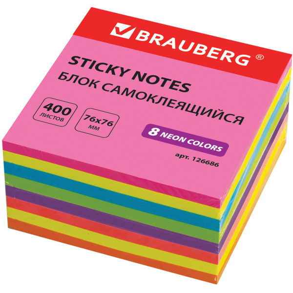 Блок самоклеящийся BRAUBERG НЕОН 76х76мм 400л., 8 цветов