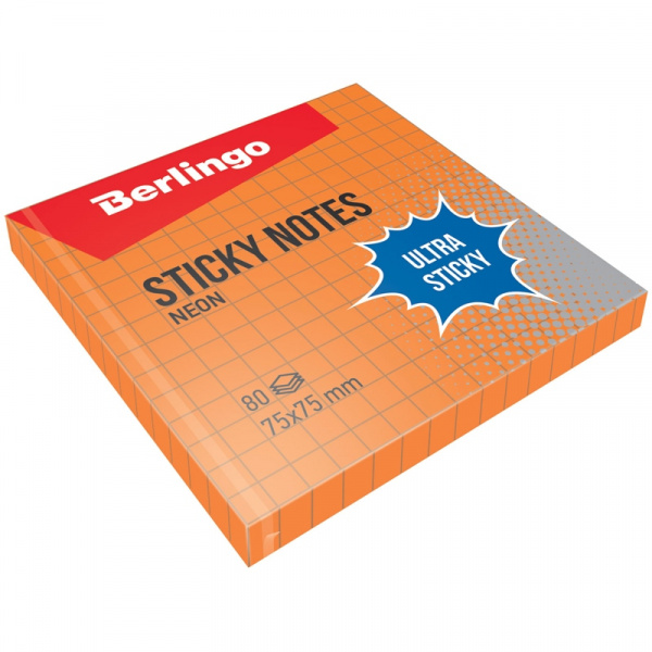 Блок самоклеящийся Berlingo "Ultra Sticky" 75*75мм 80л,, в клетку, оранж. неон, 39714