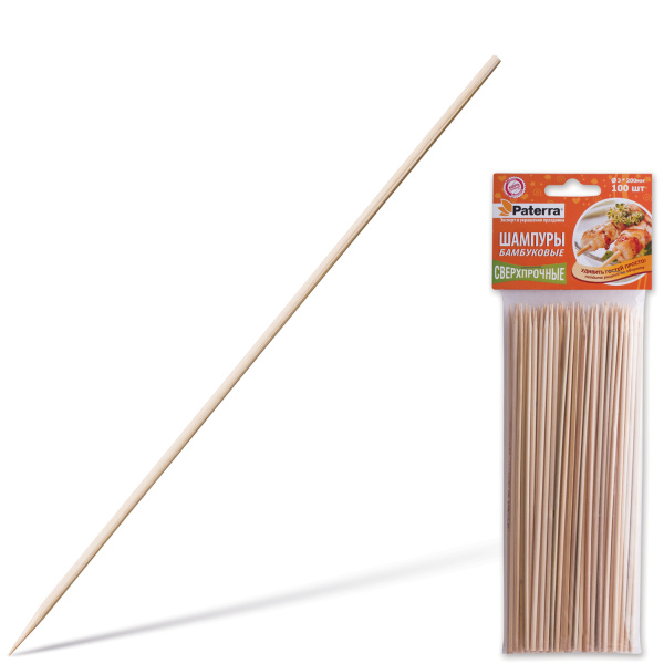 Шампуры PATERRA, КОМПЛЕКТ 100 шт., 200 мм, d=3 мм, бамбуковые,  401-697