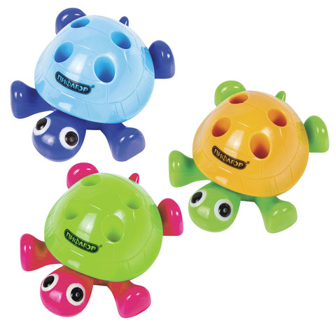 Точилка ПИФАГОР с контейнером, пластиковая, "Черепашка", подставка для 4-х карандашей, цвет ассорти