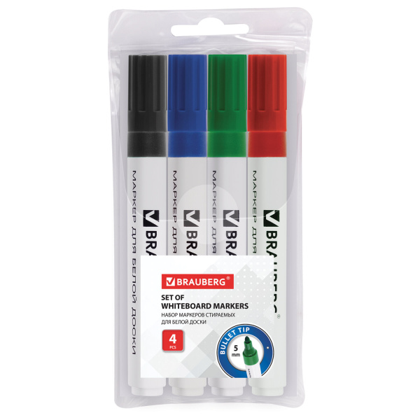 Набор маркеров для доски BRAUBERG круг. 5 мм, 4 шт. (чер., син., красн., зел.), 150417