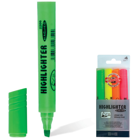 Текстмаркеры KOH-I-NOOR, НАБОР 4шт., скошенный наконечник 1-5мм, (желт,оранж,зел,роз),772206JD01PKRU