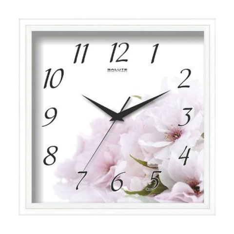 Часы настенные САЛЮТ П-2А7-407, квадрат, белые с рисунком "Цветы", белая рамка, 28х28х4 см
