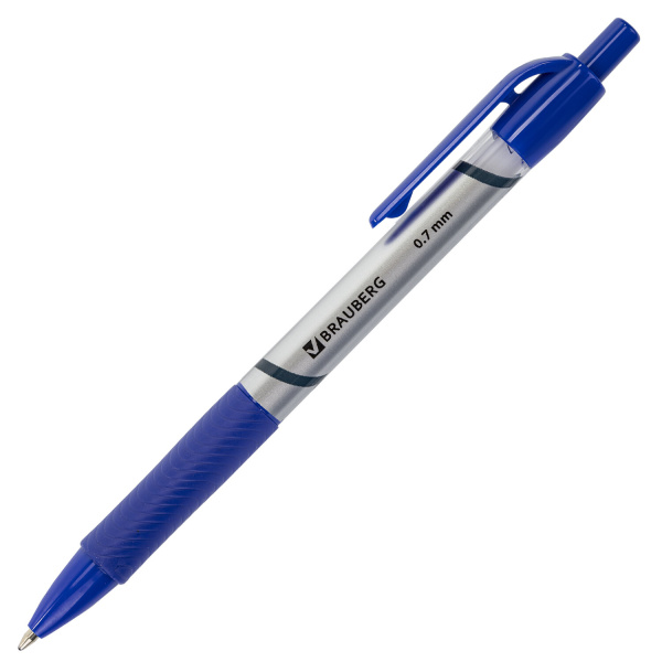 Ручка шариковая BRAUBERG автомат. "Leader", с печатью серебр, толщ.письма 0,7мм,рез.держ, син,141540