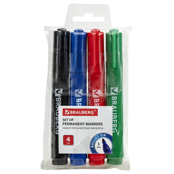 Маркеры перм. (нестир.) BRAUBERG, НАБОР 4шт., "Classic", круглый 3мм