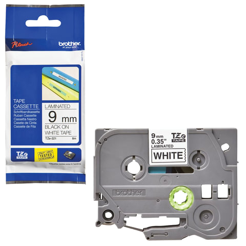 Картридж для принтеров этикеток BROTHER TZE221, 9 мм х 8 м, чёрный шрифт, белый фон, ламинированная,