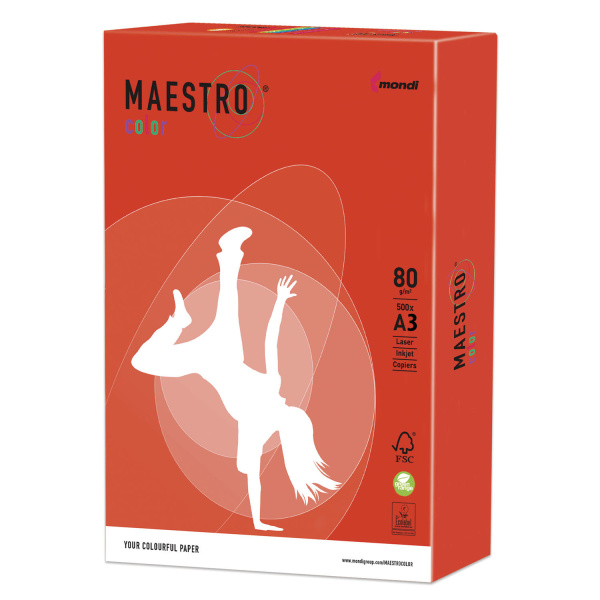 Бумага А3 MAESTRO color 80 г/м, 500 л. интенсив кораллово-красный CO44 ш/к 23791