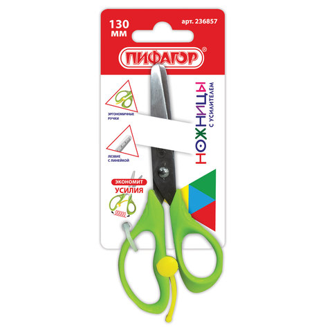 Ножницы ПИФАГОР, 130 мм, с усилителем, линейкой, зеленые, в картонной упаковке с европодвесом