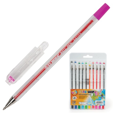Ручки шариковые BEIFA (Бэйфа), набор 10 шт., «WMZ», корпус прозрачный, 1 мм, европодвес, цвет ассорт
